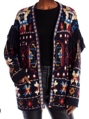 Rhode X7212 Womens Black/Multi Bryce Fringe Graphic Knit Cardigan, XS